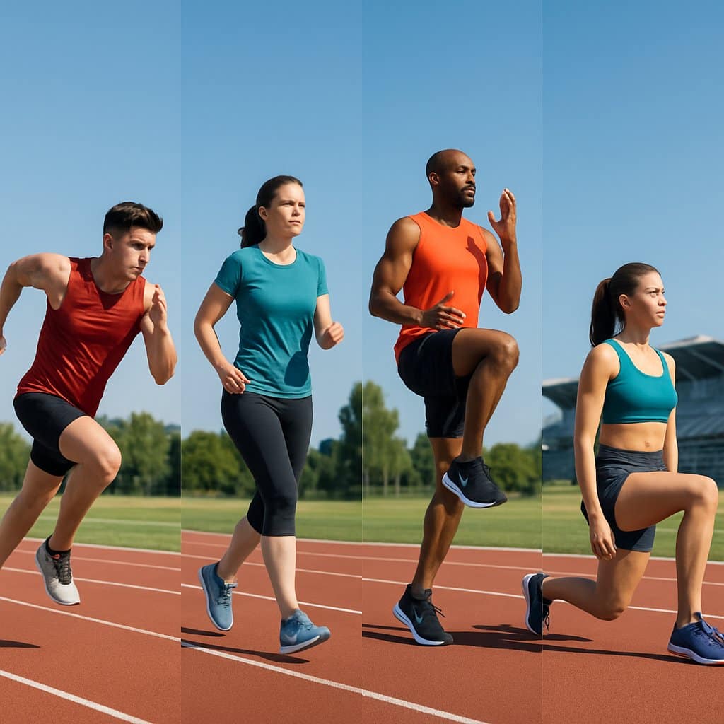 Four athletes performing different interval running exercises on an outdoor track with trees and a stadium in the background.
