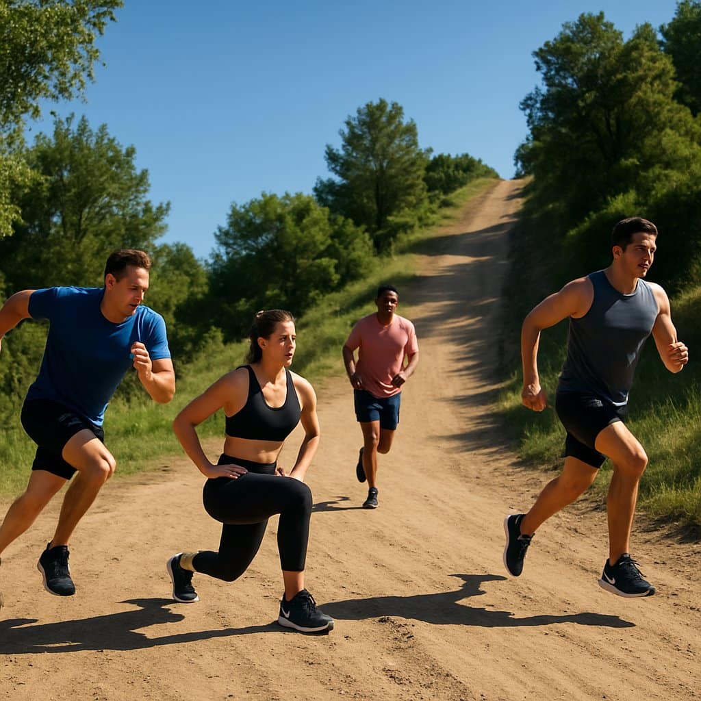 Four athletes performing different hill workouts on a sunny outdoor trail with a steep hill and green trees.