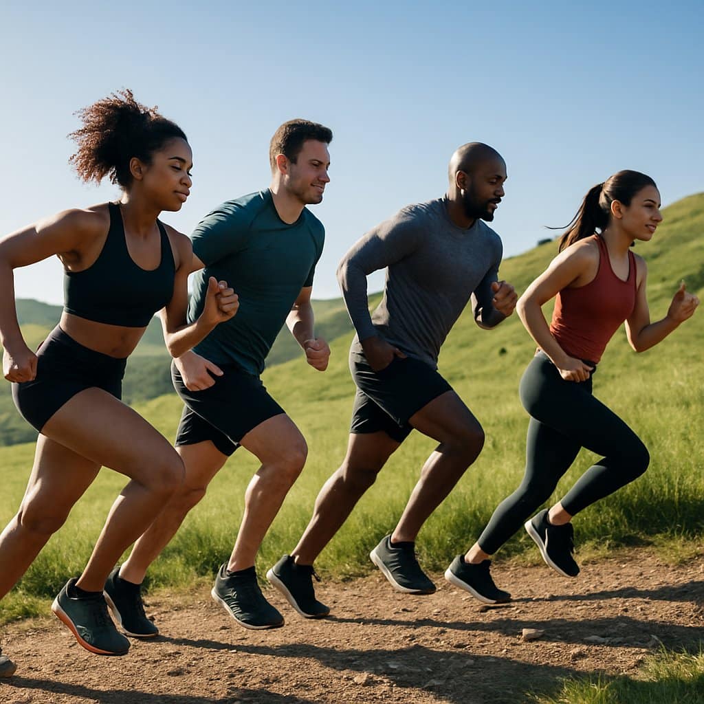 A group of athletes running uphill on a green trail with hills and a clear sky in the background.