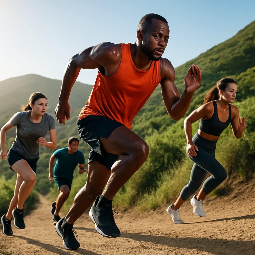 Runners doing hill workouts on a steep outdoor trail surrounded by green hills under a clear sky.