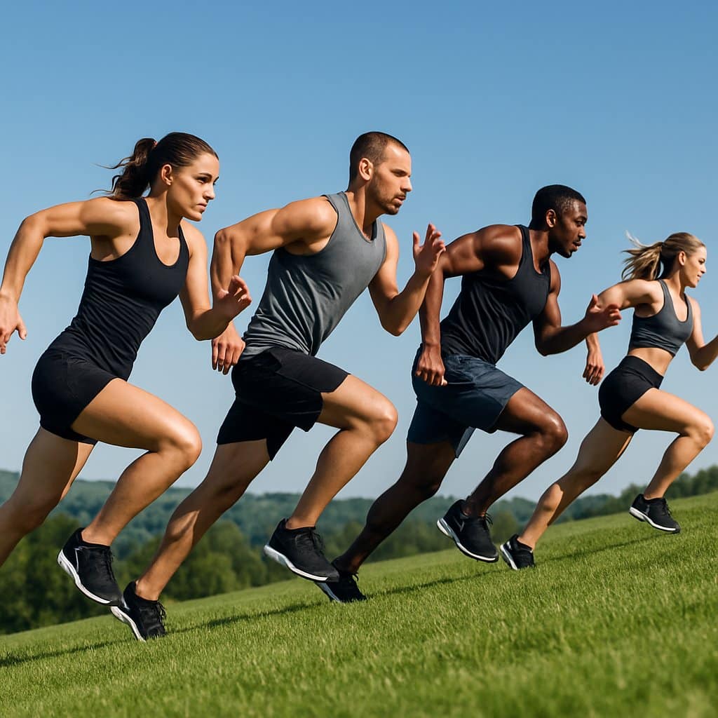 Athletes sprinting uphill on a grassy hill during an outdoor workout session.