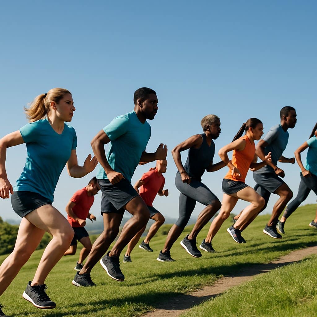 A group of runners running uphill on a grassy trail with trees and hills in the background.
