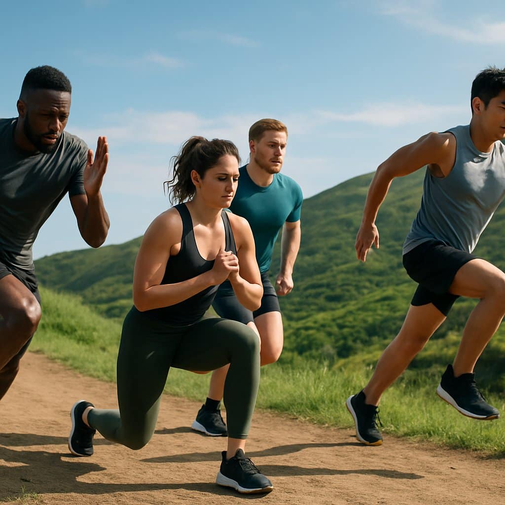 A group of athletes running and exercising on a green hillside trail under a clear sky, performing various hill workouts.