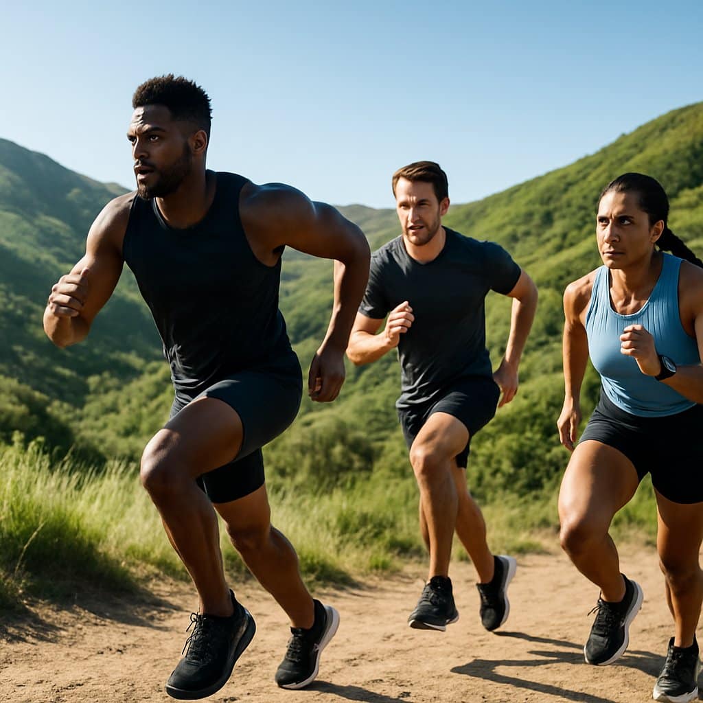 A group of athletes running uphill on a green trail surrounded by hills under a clear sky.