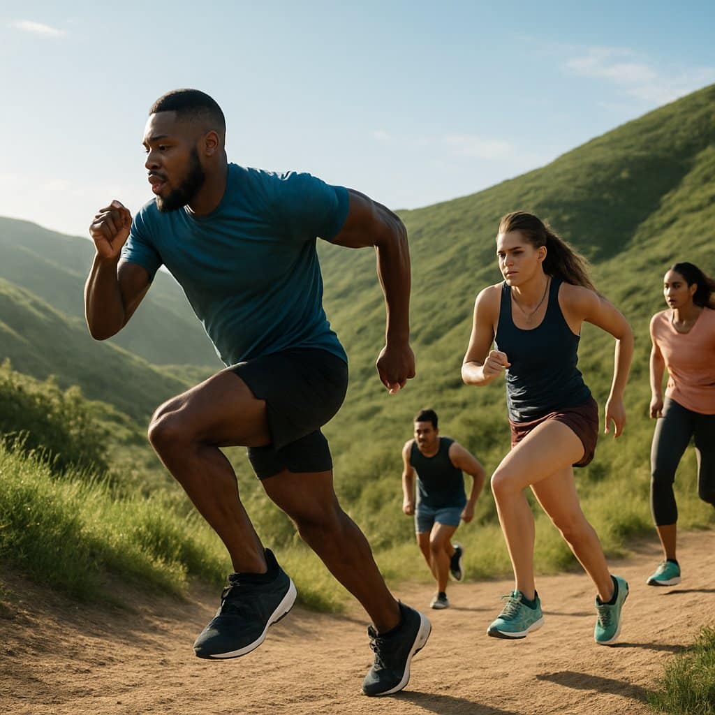 A group of athletes running and sprinting uphill on a green trail under a clear sky during a workout.