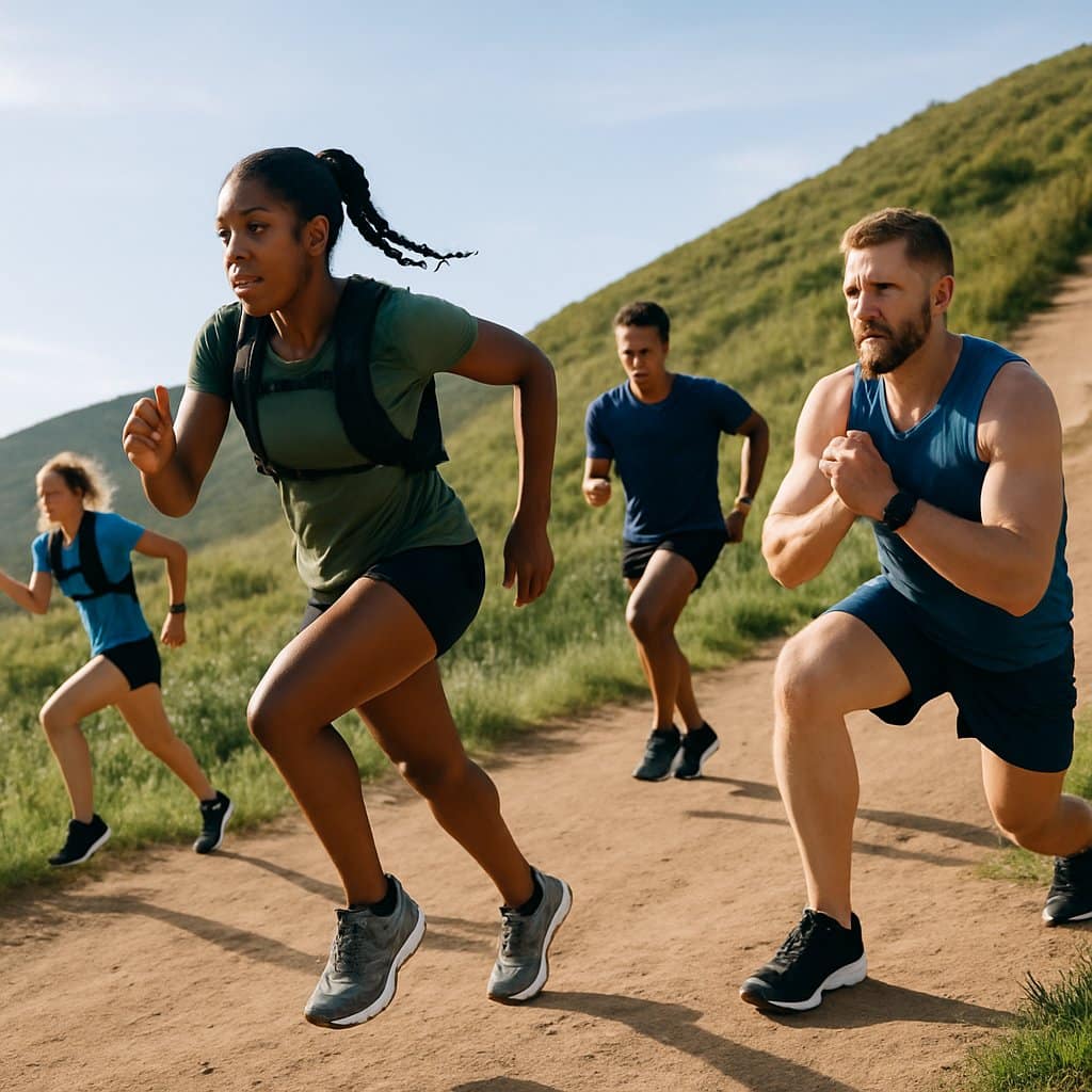 A group of runners performing various hill running exercises on a steep outdoor trail surrounded by green hills under a clear sky.
