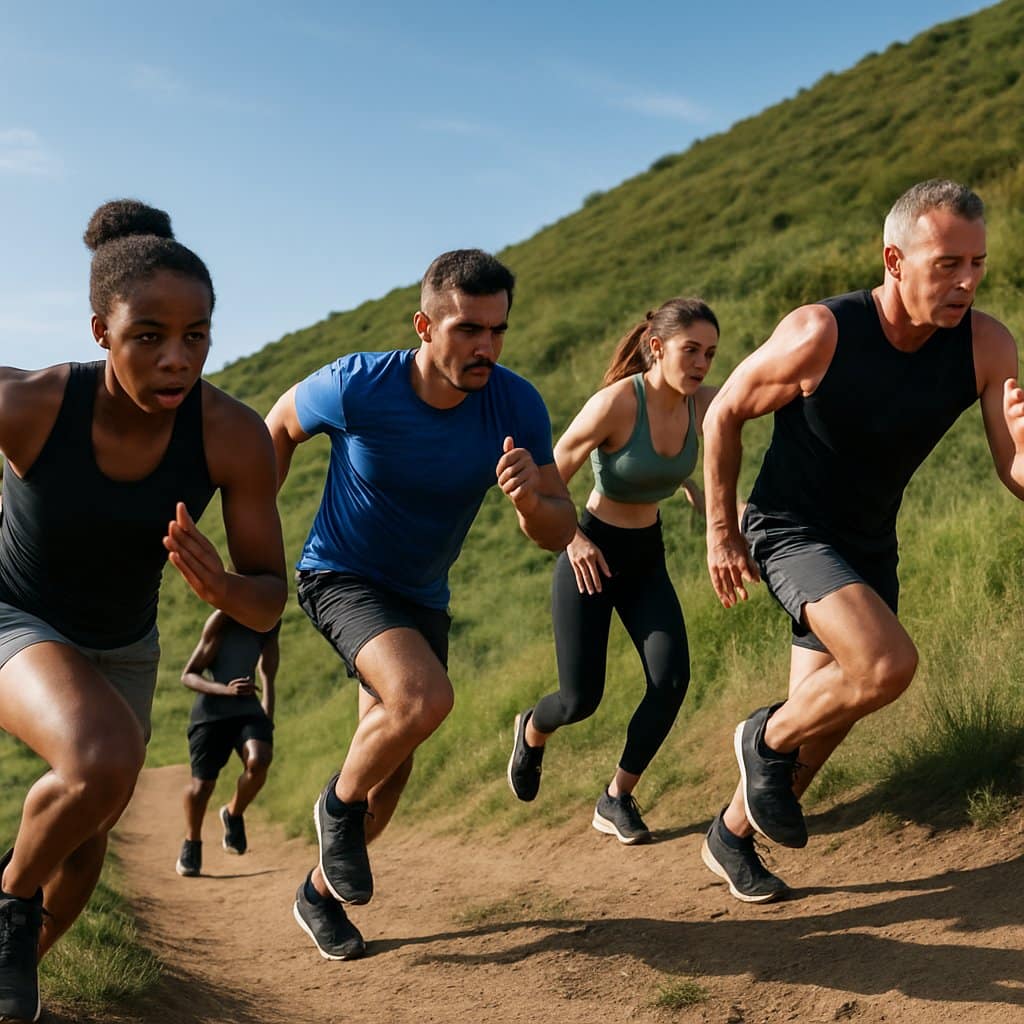 A group of athletes running uphill on a steep outdoor trail, showing effort and determination during a hill workout.