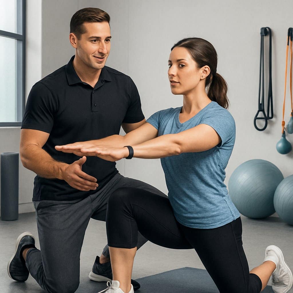 A fitness professional guiding a client through a corrective exercise in a gym setting.