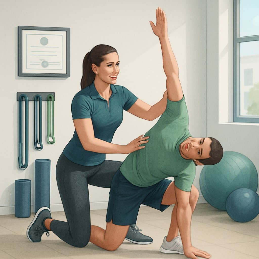 A fitness professional guiding a client through a corrective exercise in a gym setting, with exercise equipment and a certificate visible in the background.