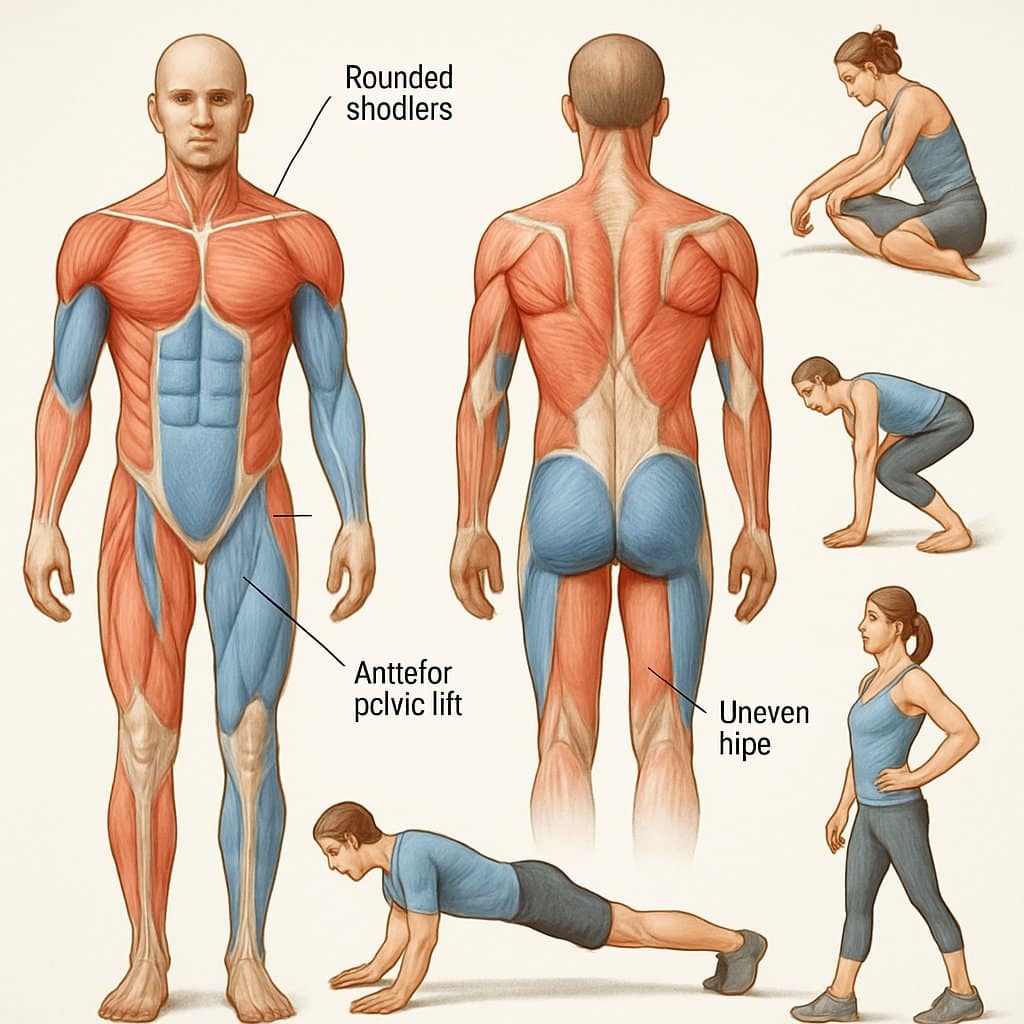 Illustration of a human figure showing common muscular imbalances with highlighted muscle areas and nearby smaller images demonstrating exercises to correct these imbalances.