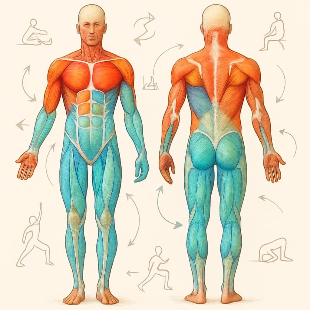 Front and back views of a human figure showing muscles with color highlights indicating imbalances and arrows suggesting corrective exercises.
