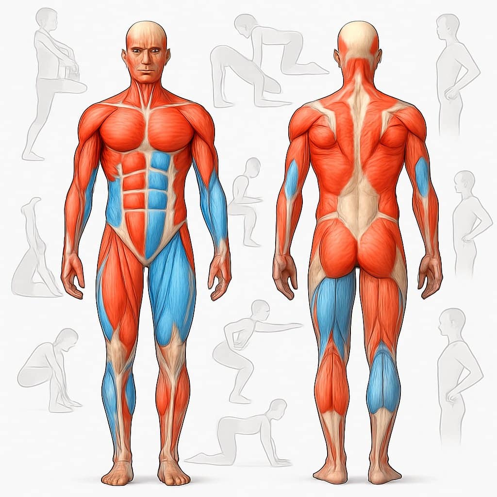 Front and back views of a human figure showing common muscular imbalances with highlighted muscle areas and surrounding illustrations of corrective exercises.