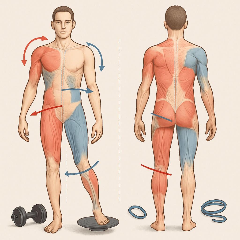 Illustration of a human figure showing common muscular imbalances and visual cues of exercises to restore balance and improve posture.