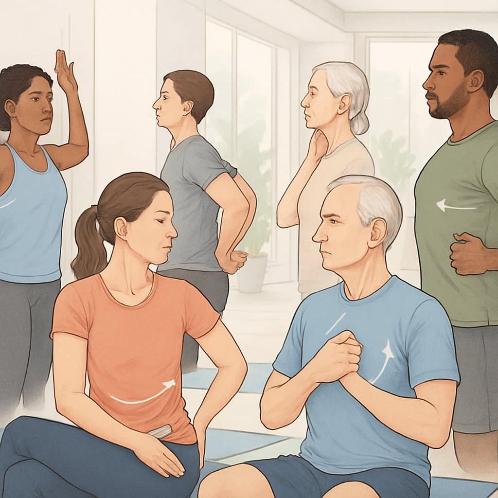 A group of people performing various posture-improving exercises in a bright gym setting, demonstrating correct body alignment.