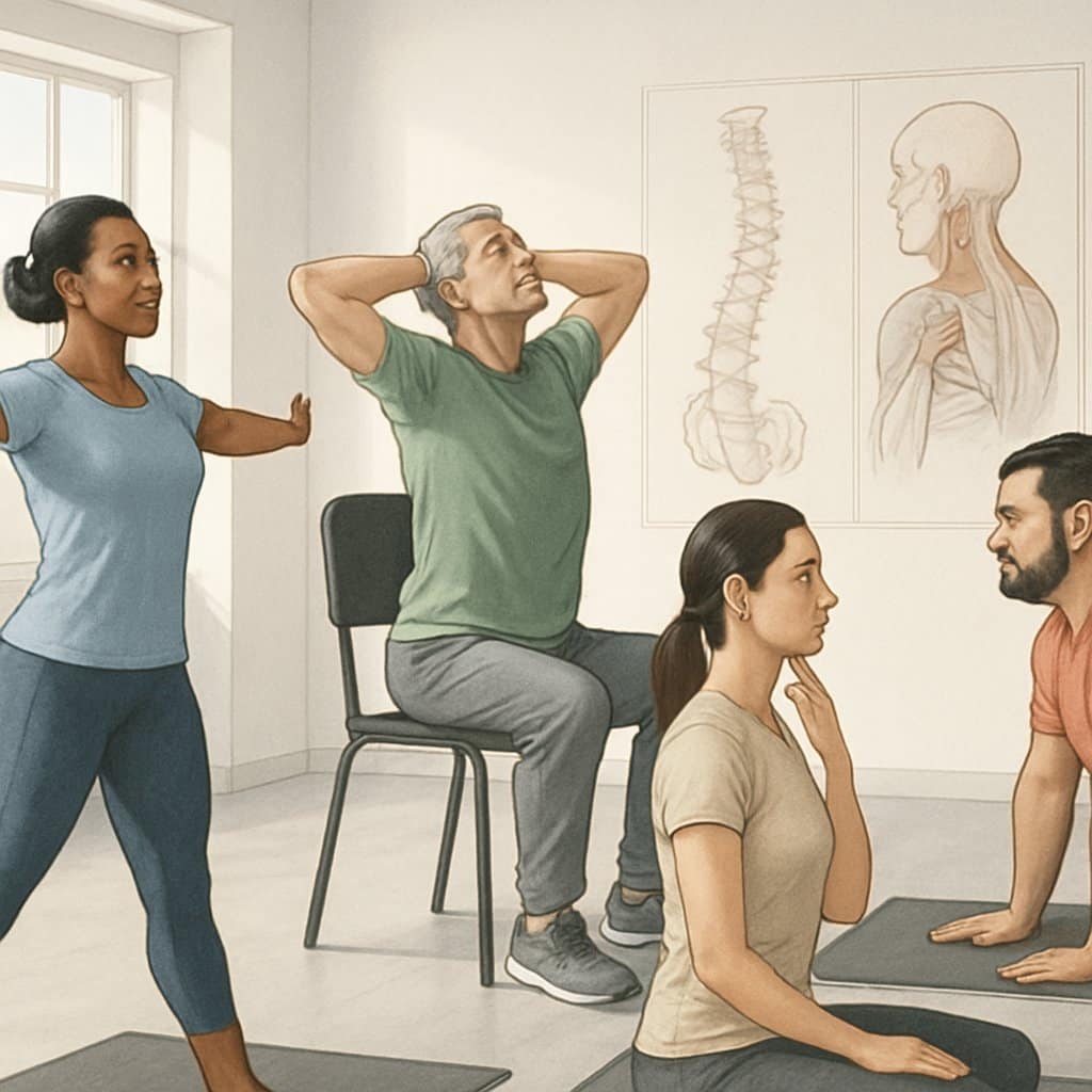 A group of adults in a fitness studio performing exercises to improve posture, including chest openers, thoracic extensions, and chin tucks.