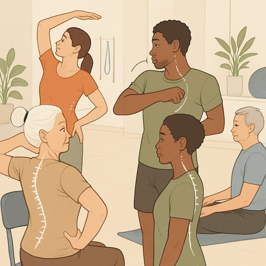 A group of people performing exercises to improve posture in a bright indoor fitness studio.