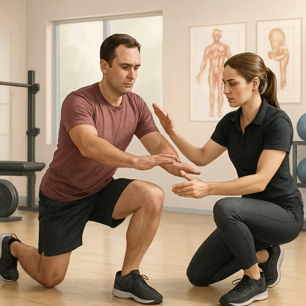 A corrective exercise specialist closely observing a client performing a movement test in a fitness studio, guiding their posture to assess movement dysfunction.