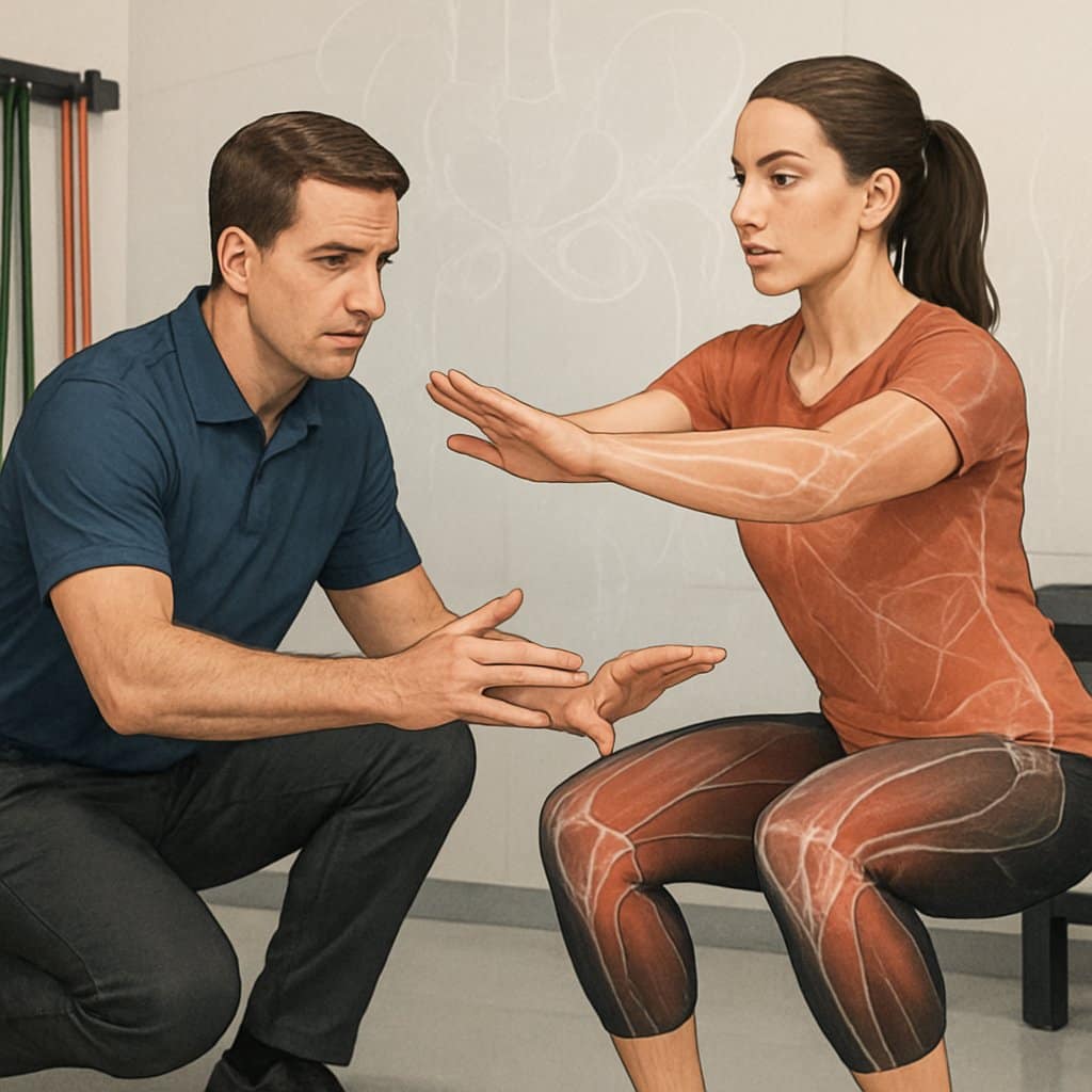 A specialist assessing a client performing a movement exercise with anatomical overlays highlighting muscles and joints in a clinical setting.