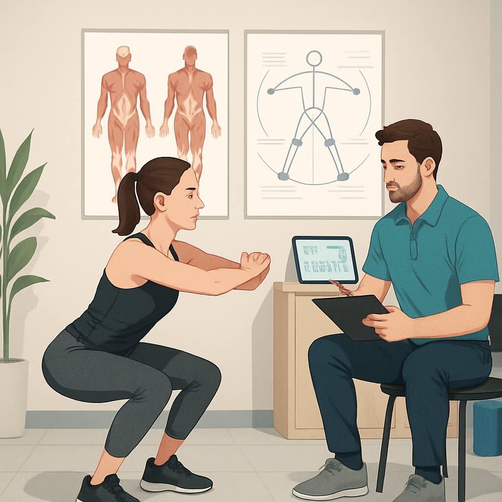 A corrective exercise specialist observing a client performing a squat during a movement assessment in a clinic room with anatomical charts and exercise equipment.