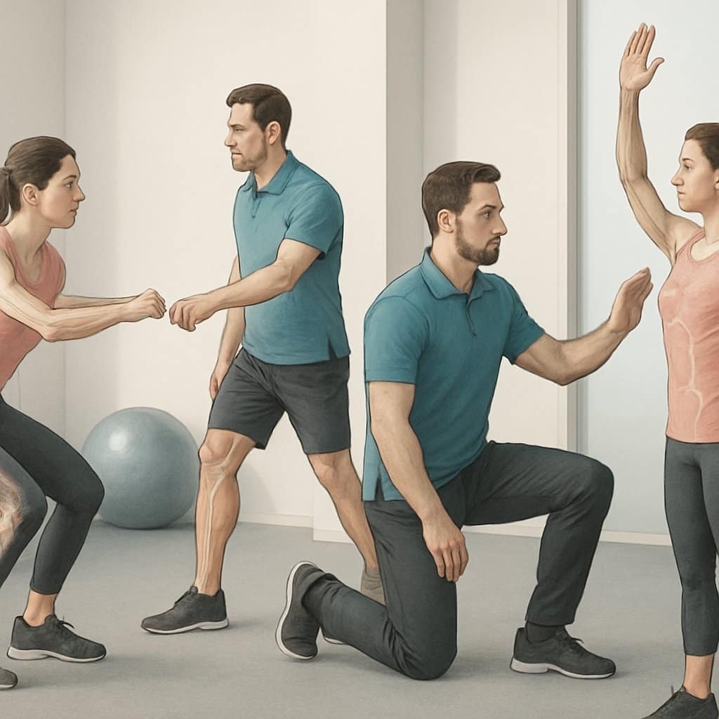 A corrective exercise specialist assessing a client's movement by observing their posture and performing physical tests in a fitness studio.