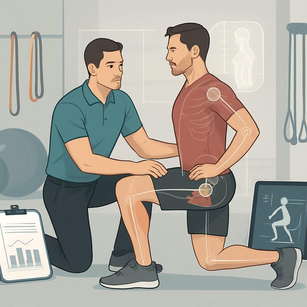 A specialist observing a client performing an exercise to assess movement, with visual elements showing muscle groups and assessment tools in a gym setting.