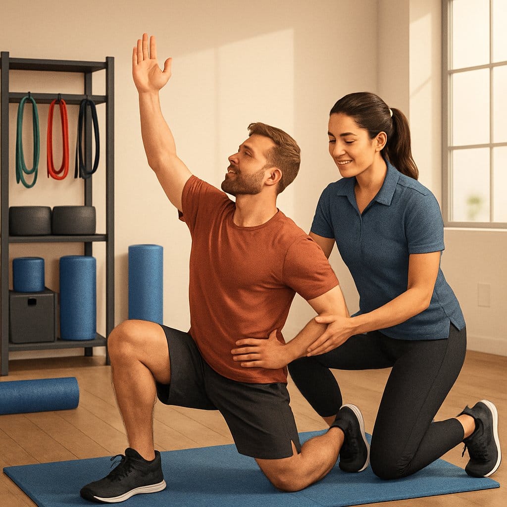 A corrective exercise specialist guiding a client through a personalized exercise in a fitness studio.