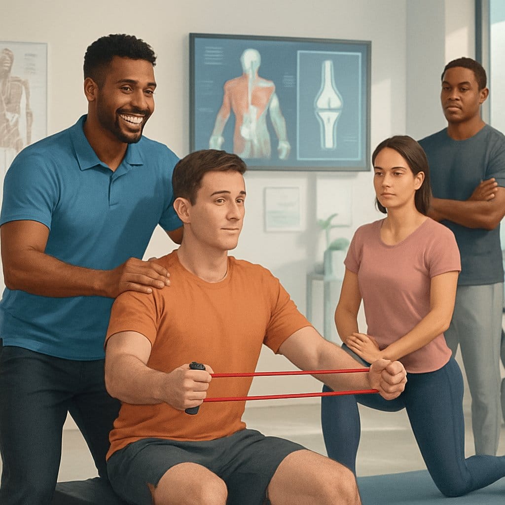 A corrective exercise specialist guiding clients through personalized exercises in a fitness studio focused on injury prevention and improved mobility.