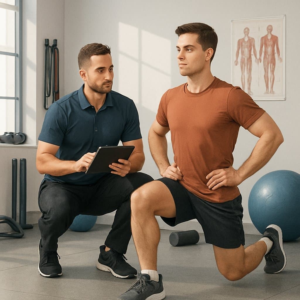 A specialist guiding a client through a personalized corrective exercise in a gym with exercise equipment and anatomical charts in the background.