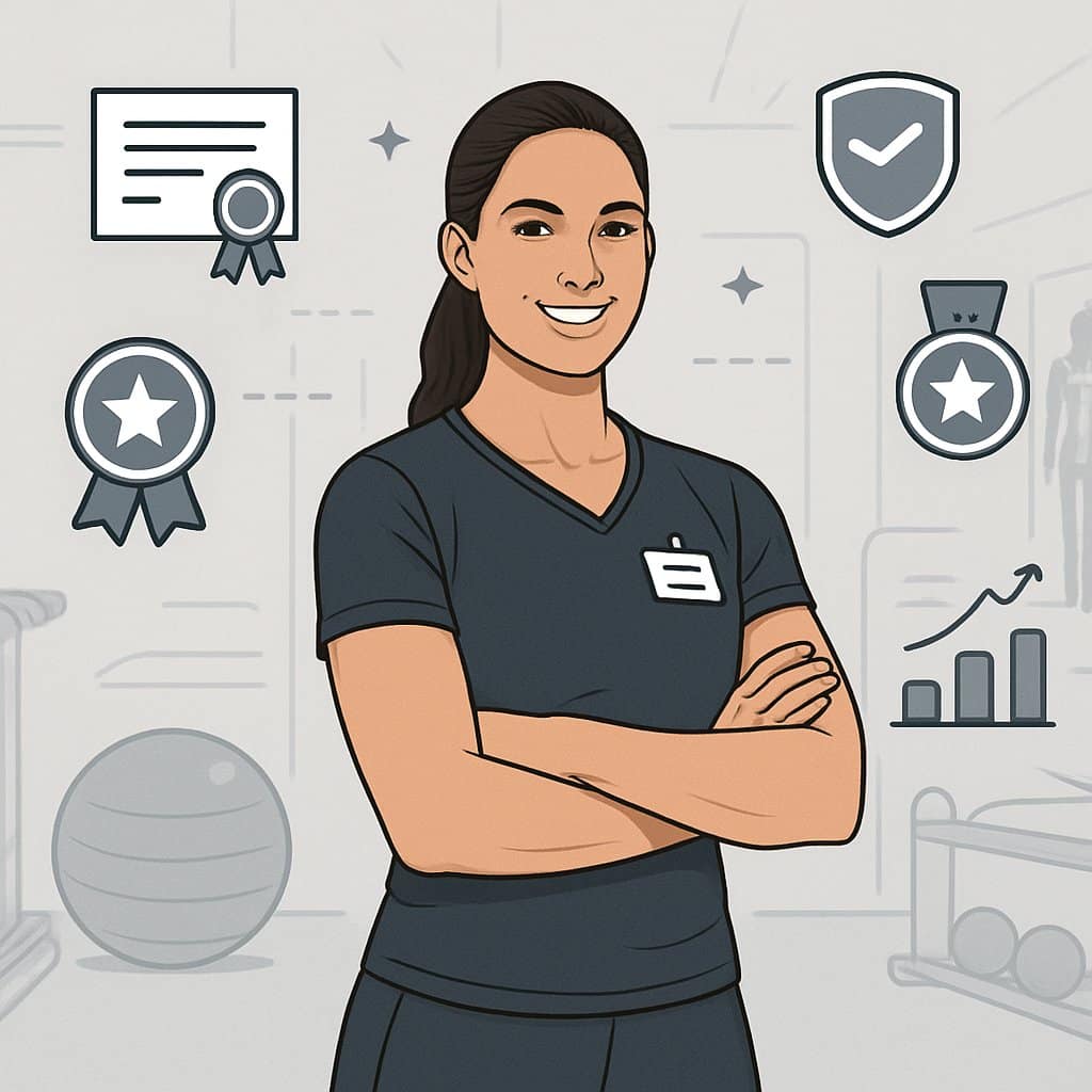 A confident corrective exercise specialist in a gym setting surrounded by symbols of certifications and success, emphasizing expertise and professionalism.