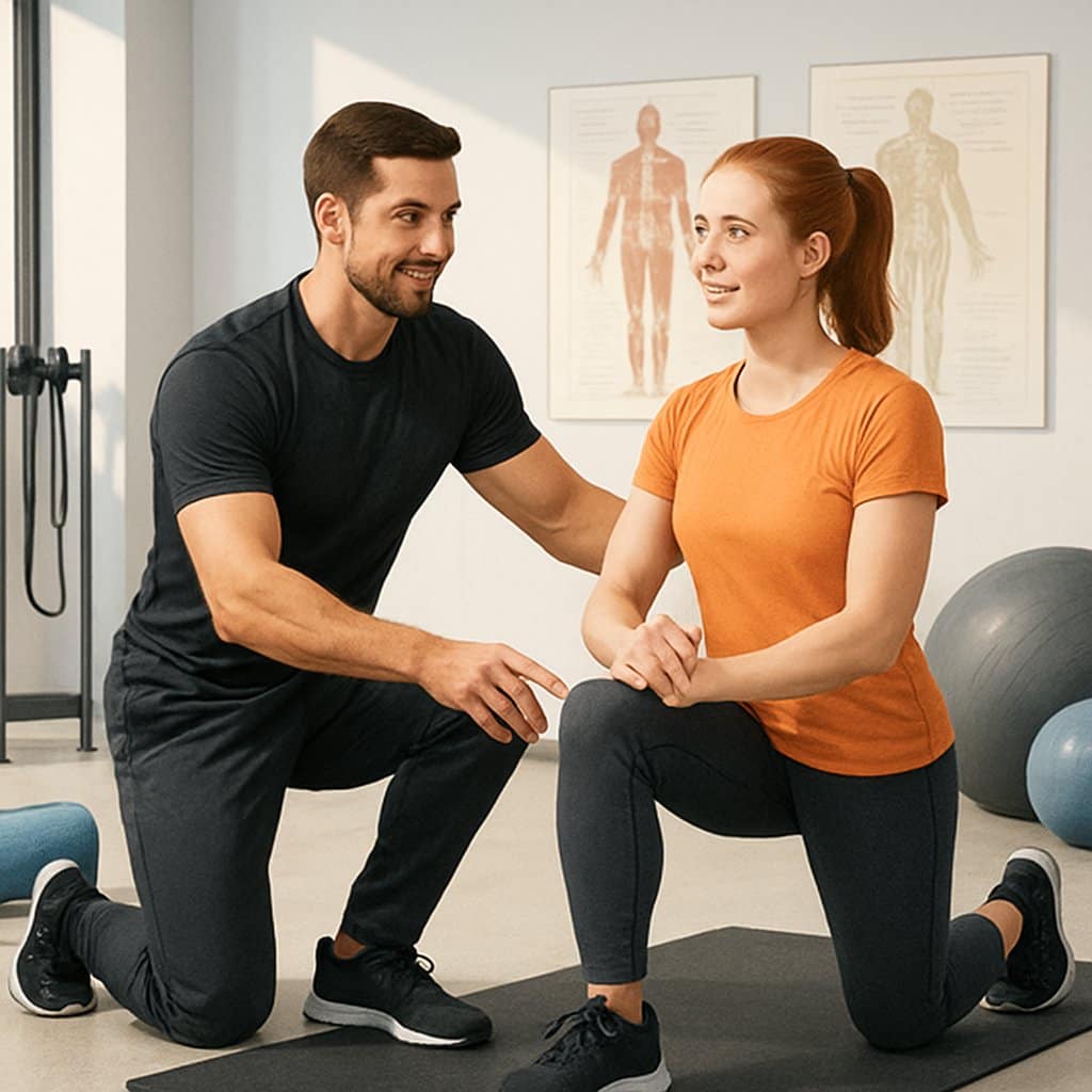 A corrective exercise specialist guiding a client through an exercise in a gym with exercise equipment and anatomical charts in the background.