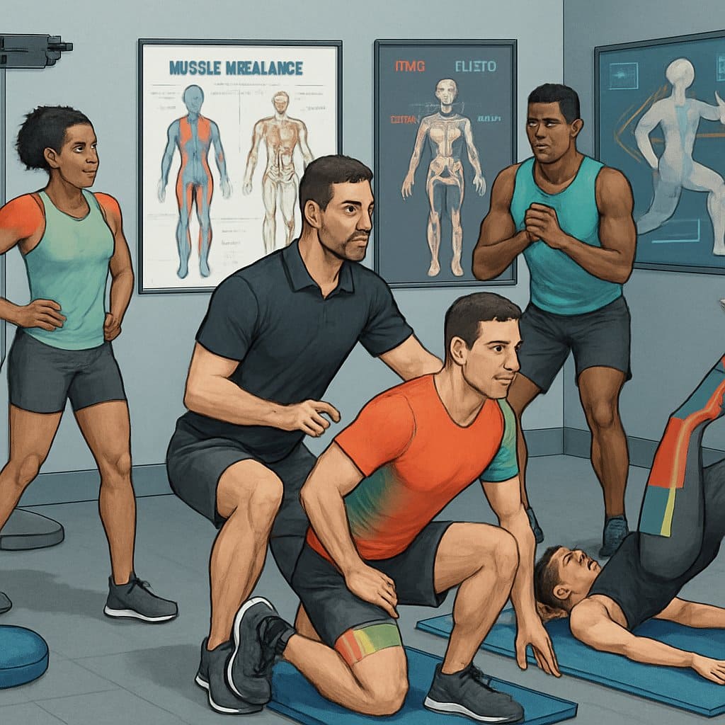 A trainer guides athletes performing exercises to correct muscle imbalances and improve movement, with anatomical visuals highlighting muscle areas.