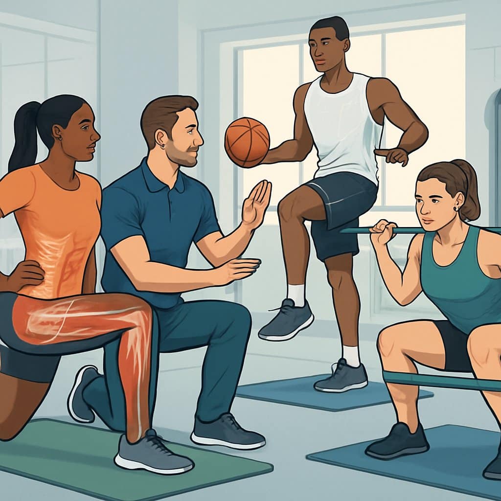 A trainer guides athletes performing various corrective exercises in a gym setting to improve performance and prevent injury.