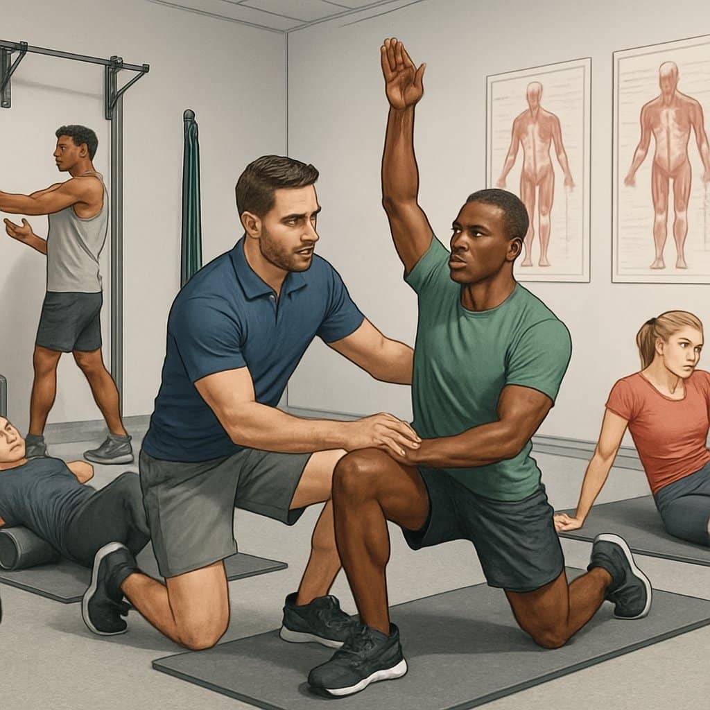 Athletes performing corrective exercises with a trainer in a modern gym focused on injury prevention and pain relief.