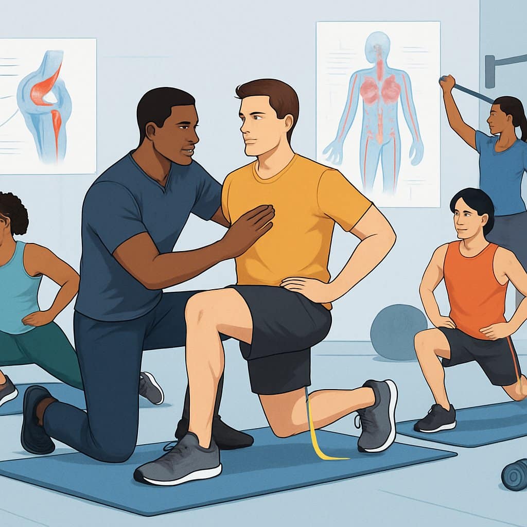 Athletes performing corrective exercises with a trainer in a gym, focusing on proper form and injury prevention.
