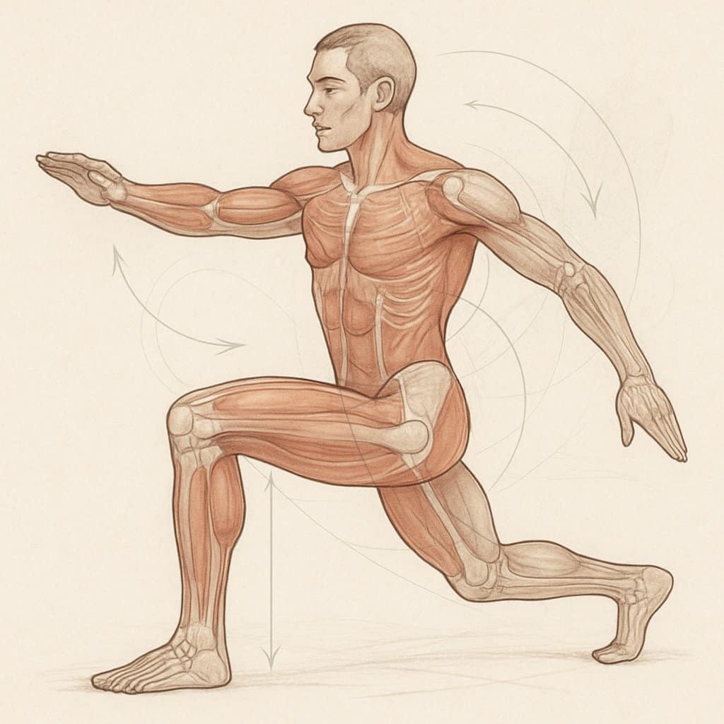 A human figure showing muscles and bones with arrows indicating movement and joint alignment to illustrate corrective exercise principles.