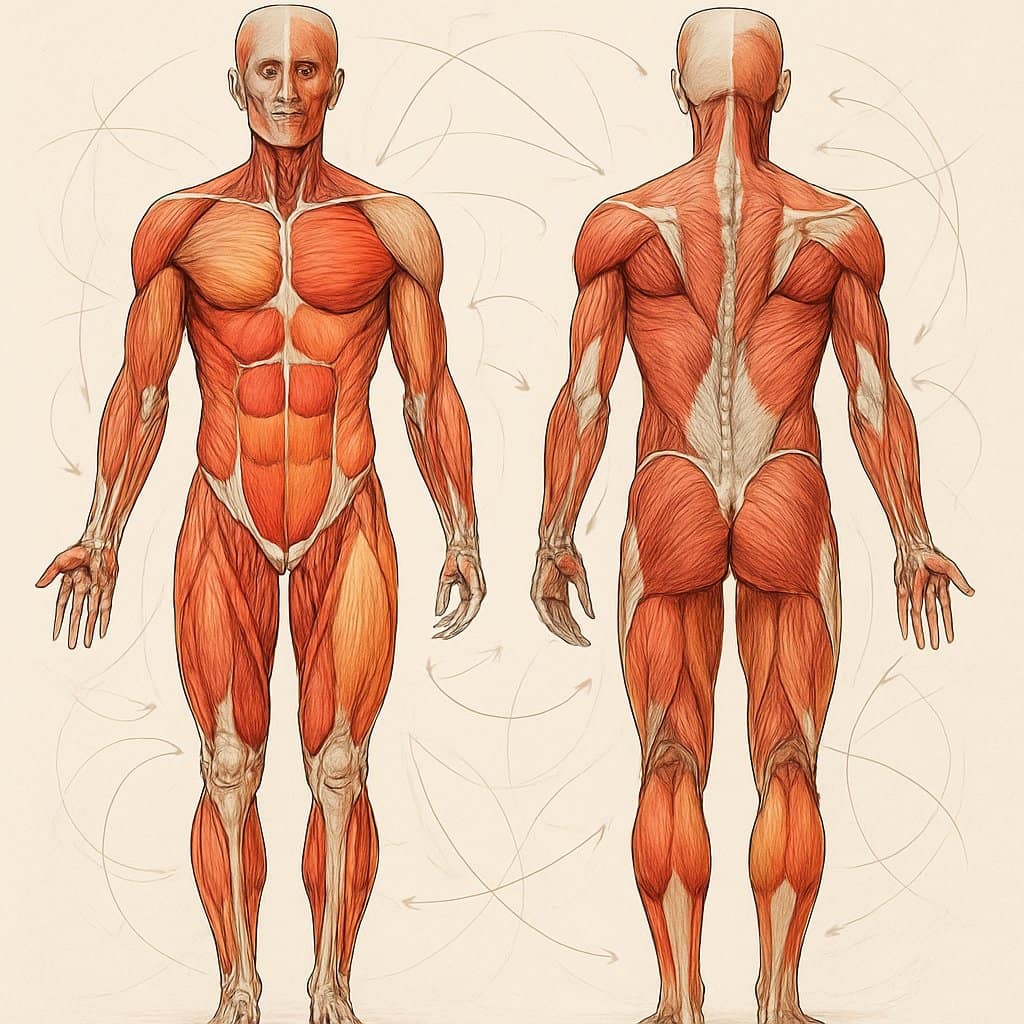 Front and back views of a human figure showing muscles with highlighted areas indicating muscle imbalances and biomechanics.