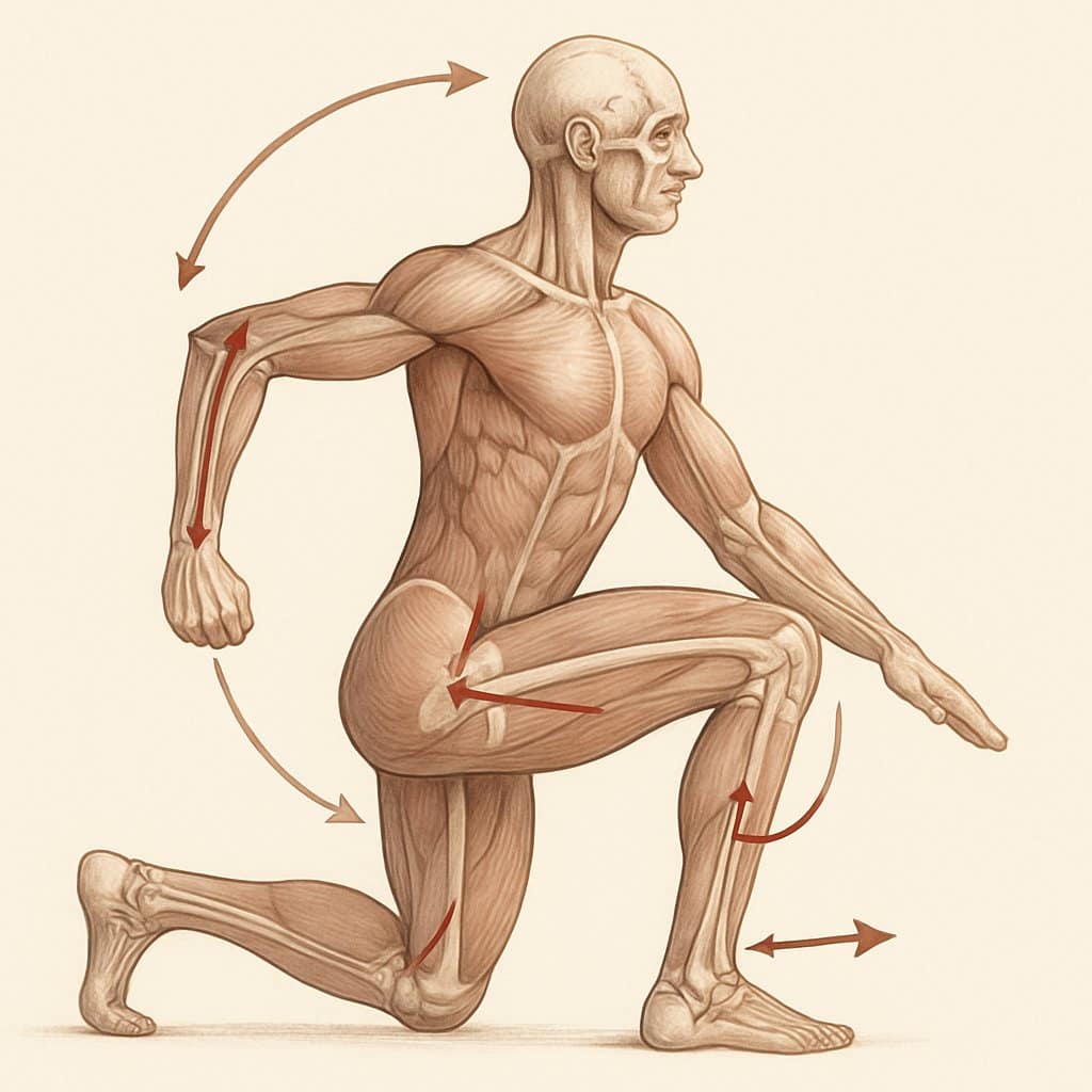 A human figure showing muscles and bones with arrows illustrating joint movements and forces during a corrective exercise.