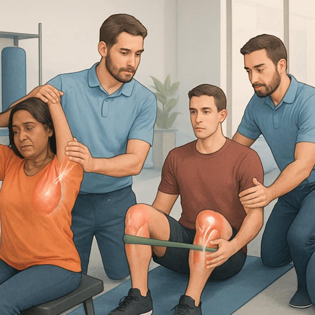 A corrective exercise specialist assisting three people with shoulder, knee, and lower back injuries in a therapy studio with exercise equipment.