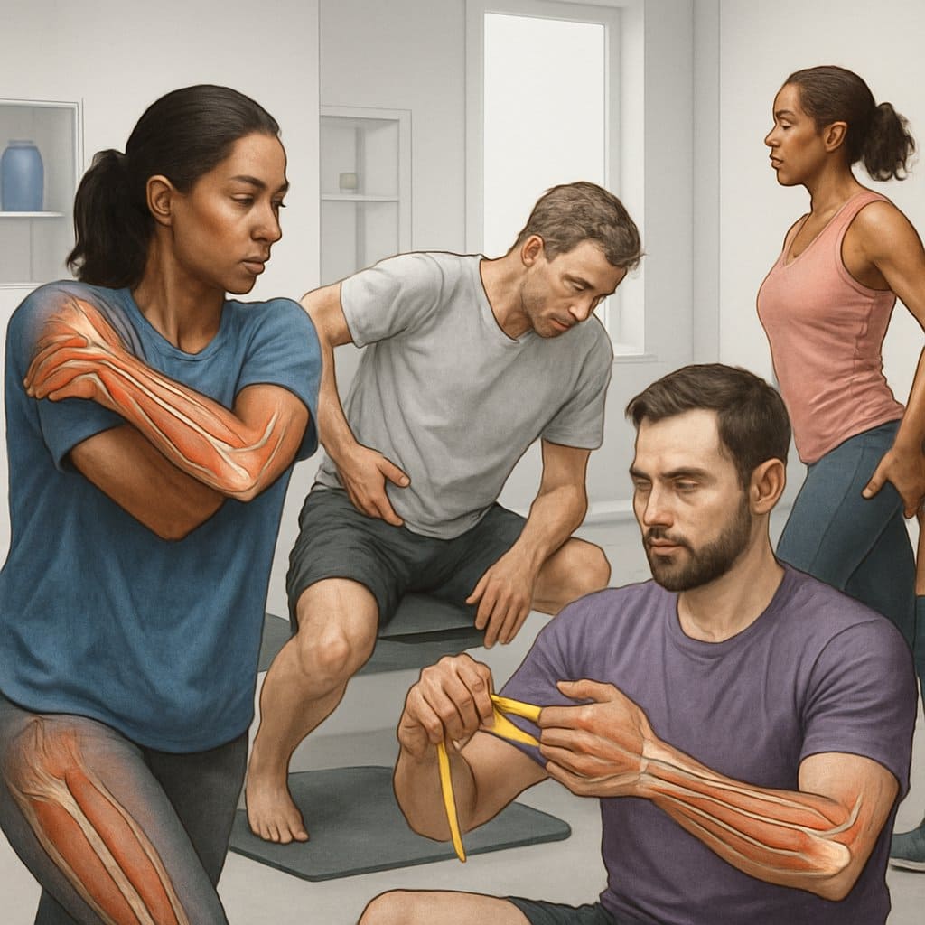 A group of adults performing corrective exercises targeting common musculoskeletal injuries in a clinical rehabilitation setting.