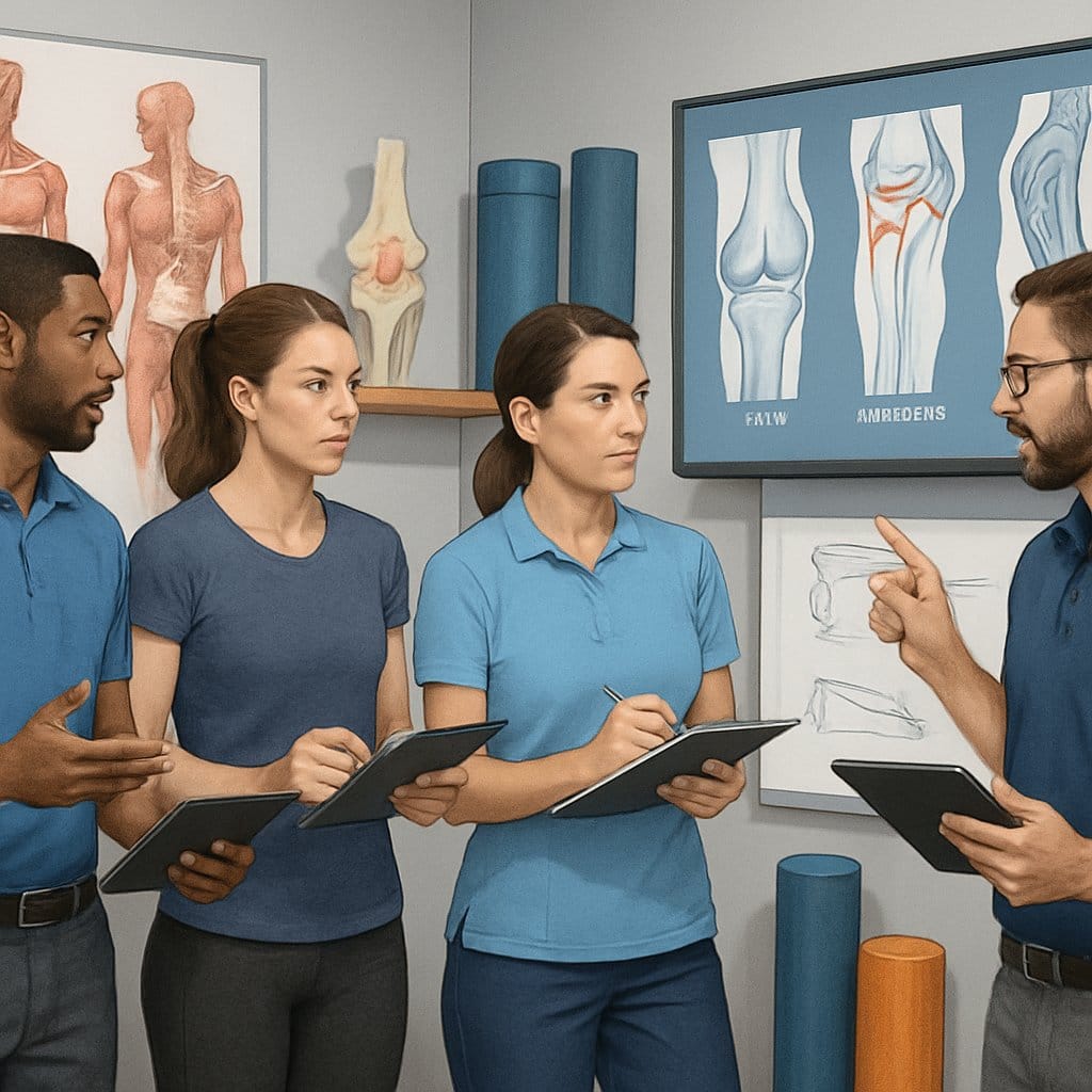 A group of healthcare professionals collaborating in a clinical setting, examining anatomical models and injury diagrams related to corrective exercise.