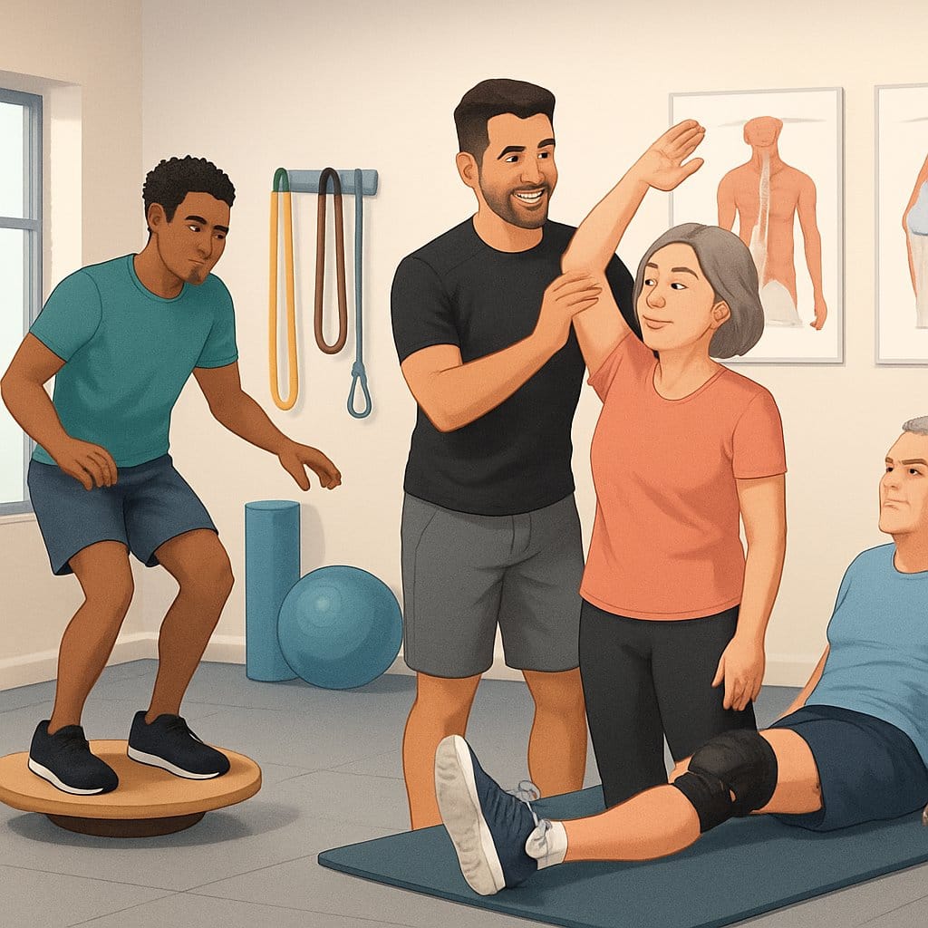 A corrective exercise specialist helping three individuals perform rehabilitation exercises in a bright studio with equipment and anatomical charts in the background.