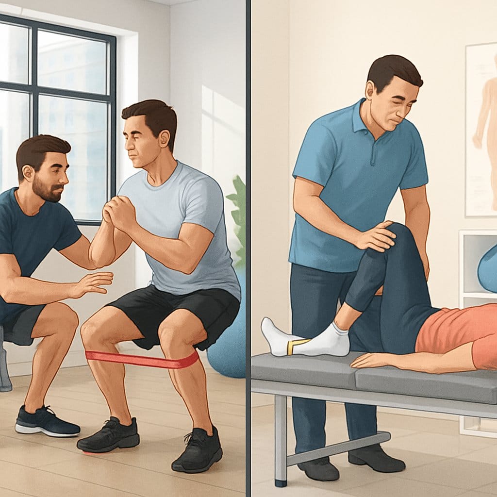 A fitness trainer guiding a person through corrective exercises in a gym and a physical therapist treating a patient on a treatment table in a clinic, showing the difference between corrective exercise and physical therapy.
