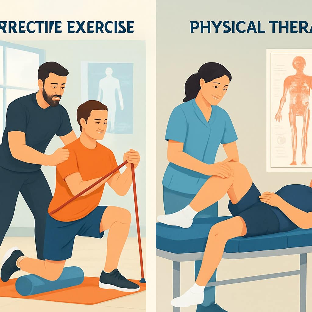 Two side-by-side scenes showing a fitness trainer helping a person with exercises on one side, and a physical therapist assisting a patient with rehabilitation on the other side.
