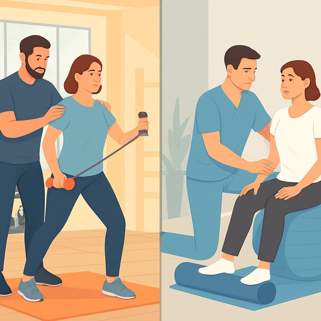 Two scenes side by side: a fitness professional guiding a person through exercises with resistance bands in a gym, and a physical therapist assisting a patient using therapeutic equipment in a clinical setting.