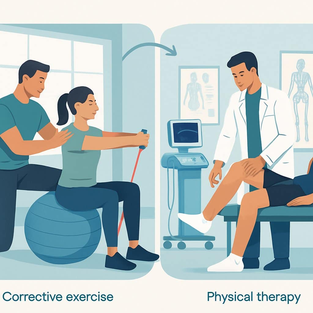 Two healthcare professionals working with individuals: one guiding exercise in a gym, the other assisting rehabilitation in a clinical setting.
