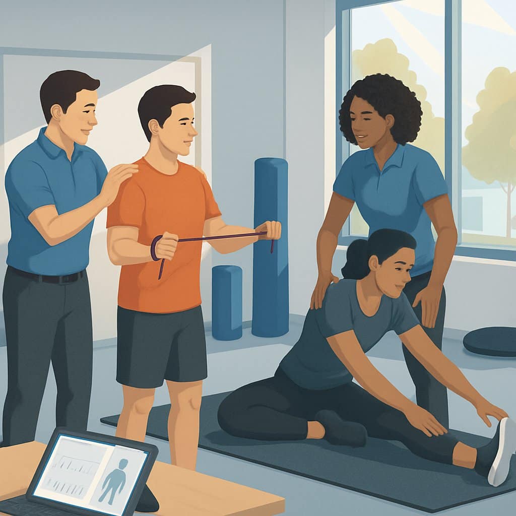 A group of fitness professionals working with clients on corrective exercises in a gym, demonstrating posture adjustments and stretching routines with exercise equipment around them.