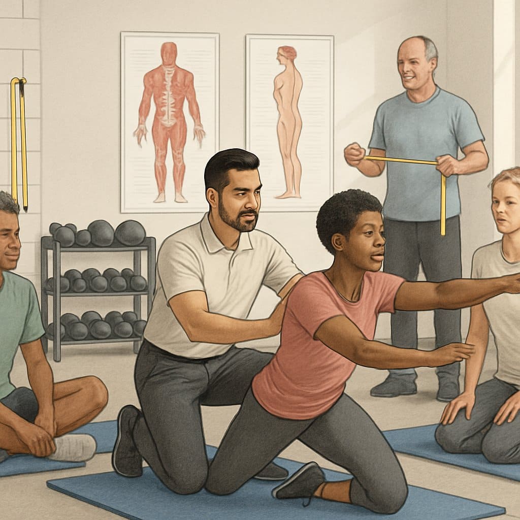 A fitness specialist guiding people through corrective exercises in a gym with exercise equipment and anatomical charts visible.