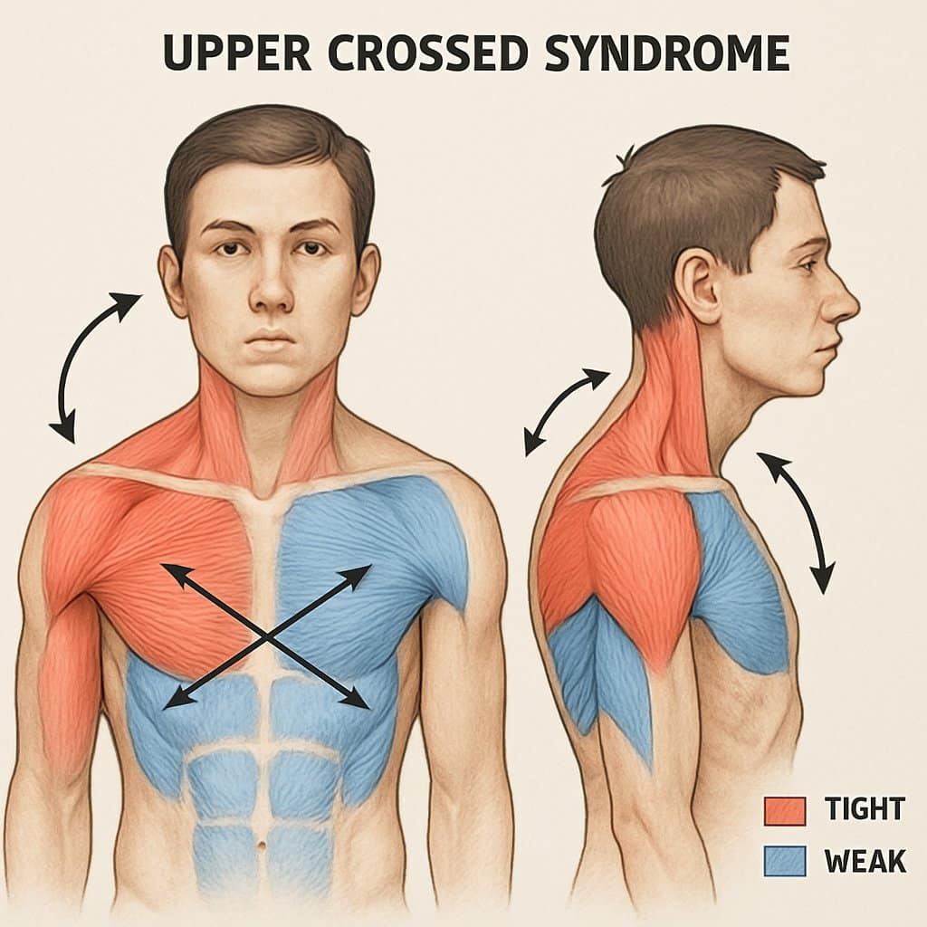 Illustration of a human upper body showing forward head posture, rounded shoulders, and muscle imbalances associated with Upper Crossed Syndrome.