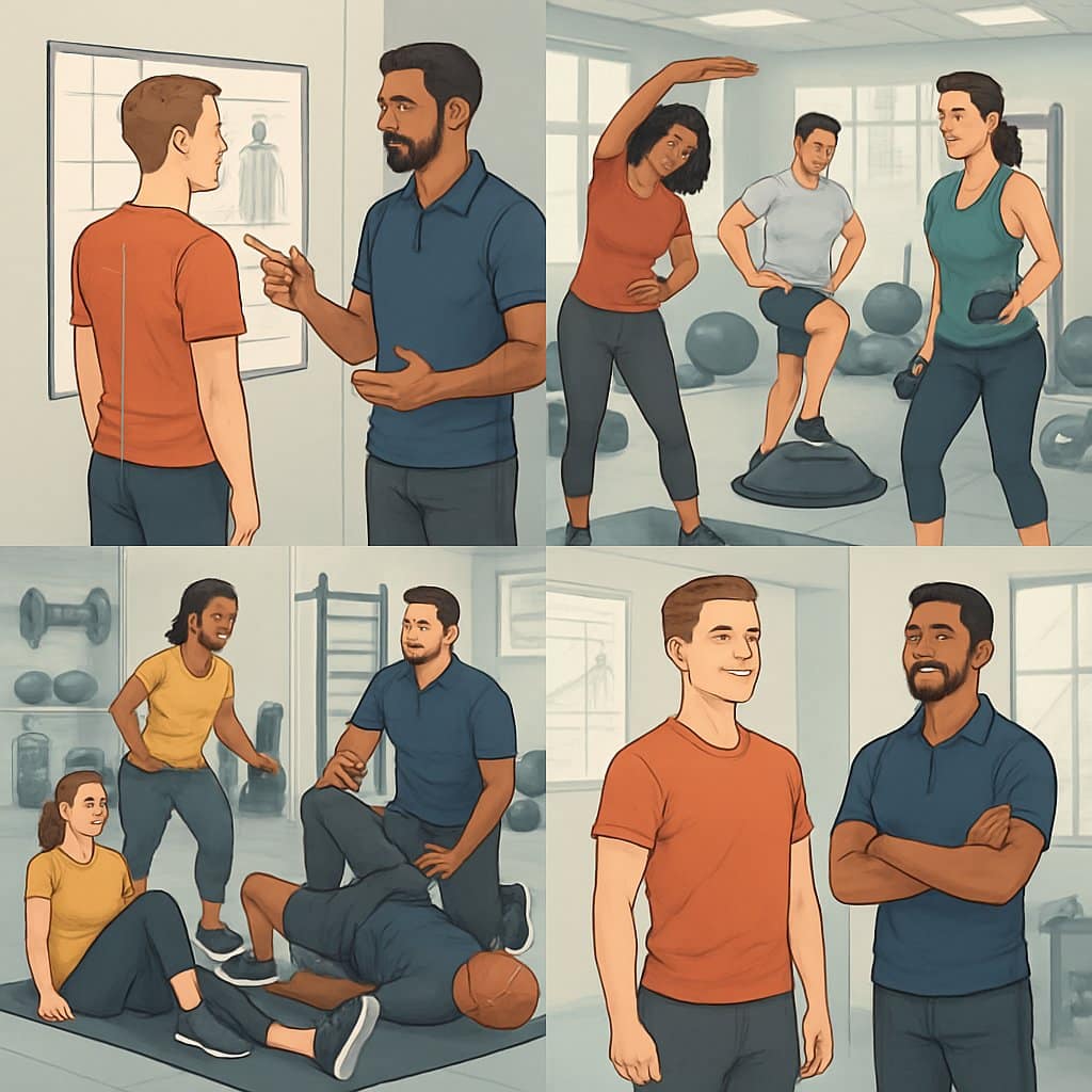 Multiple people performing corrective exercises with a trainer in a gym, showing assessment, exercise, and improvement stages.