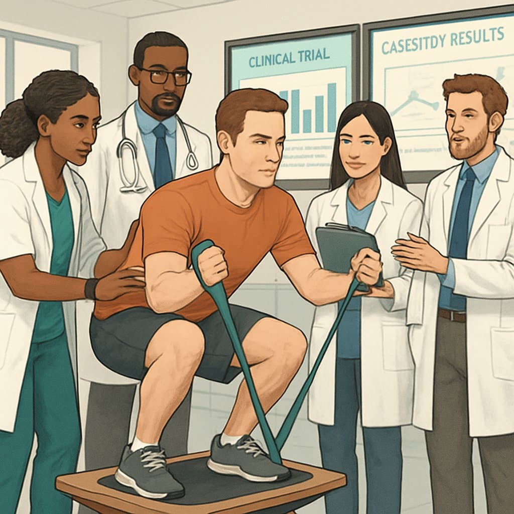 Healthcare professionals guiding a patient through corrective exercises in a clinical setting with charts and data screens in the background.